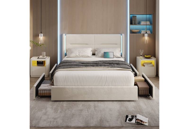 Celya Polsterbett Doppelbett mit LED-Beleuchtung im Kopfteil (USB-Dual-Anschlüssen und eleganten Bettflügeln für zusätzlichen, Ohne Matratze, 4 praktischen Aufbewahrungsschubladen, dicker Polsterung), Modernes 160 x 200 cm Bettgestell von Celya