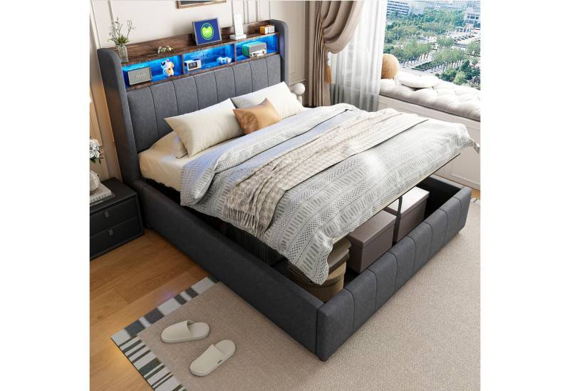 Celya Polsterbett Doppelbett mit LED-Beleuchtung und USB-Steckdose (Erwachsenenbett Doppelt, Leinenstoff, 140*200cm), Kopfteil mit Einlegeböden und Stauraum, Mit Hydraulik für die Lagerung von Celya