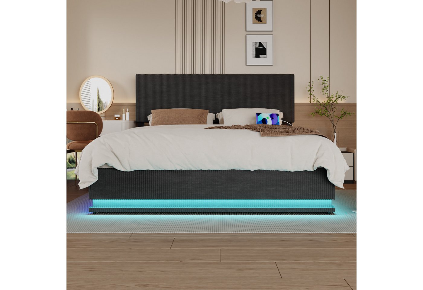 Celya Polsterbett Doppelbett mit USB Type C Ladefunktion und LED Beleuchtung, 140x200cm Bettrahmen, Doppelbett mit Stauraum und flachem Nudelrahmen von Celya