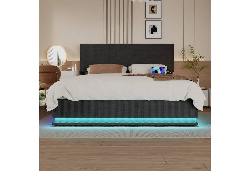 Celya Polsterbett Doppelbett mit USB Type C Ladefunktion und LED Beleuchtung, 140x200cm Bettrahmen, Doppelbett mit Stauraum und flachem Nudelrahmen von Celya