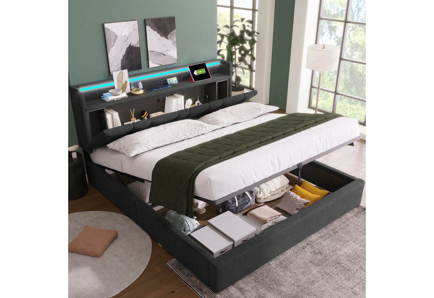 Celya Polsterbett Doppelbett mit aufladen USB Ladefunktion Stauraum-Kopfteil (Lattenrost aus Holz, Grau (Ohne Matratze), LED-Beleuchtung,Doppelbett 160x200cm Stauraumbetten Bettgestell von Celya