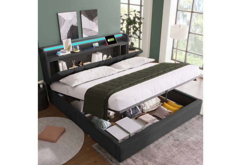 Celya Polsterbett Doppelbett mit aufladen USB Ladefunktion Stauraum-Kopfteil (Lattenrost aus Holz, Grau (Ohne Matratze), LED-Beleuchtung,Doppelbett 160x200cm Stauraumbetten Bettgestell von Celya