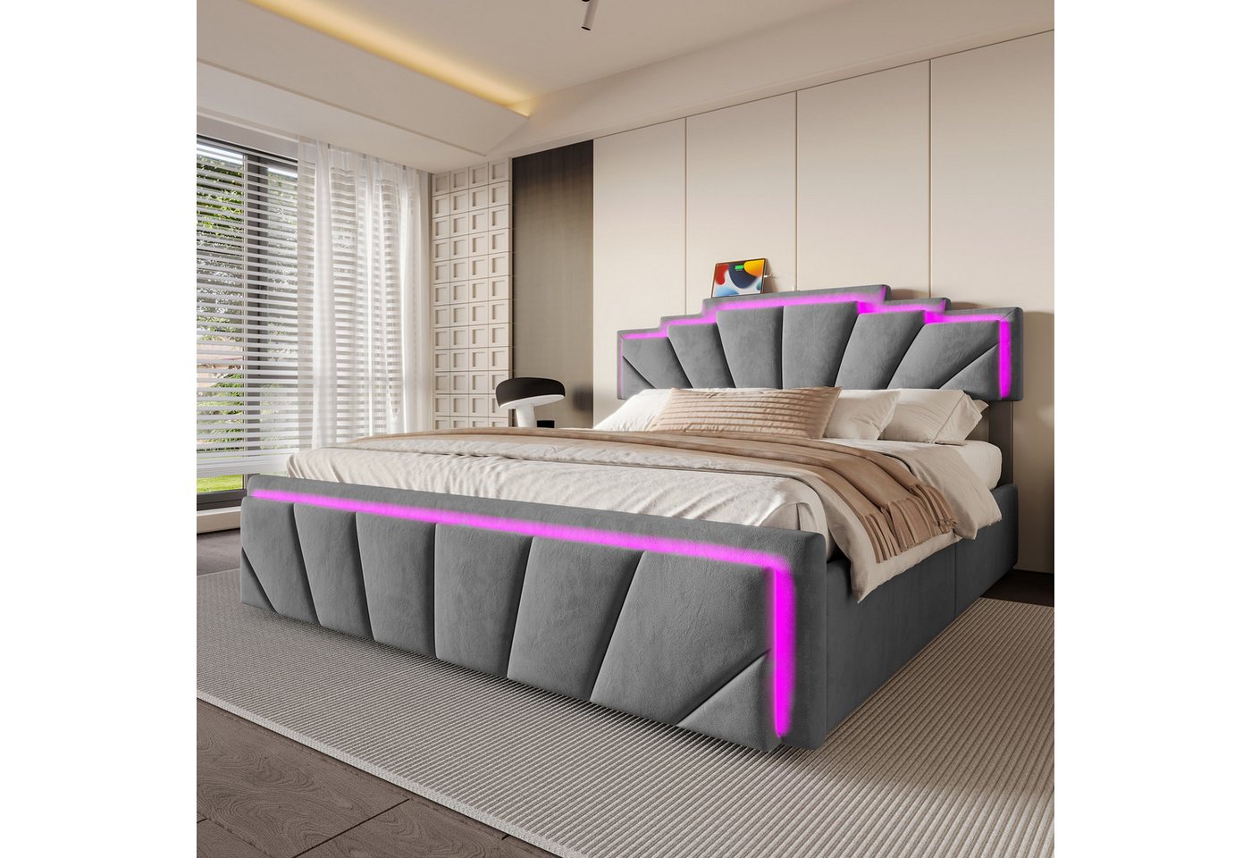 Celya Polsterbett Doppelbett mit einzigartigem trapezförmigem Kopfteil (USB Type-C Anschluss, 2 geräumige Schubladen, integrierter LED-Lichtleiste & 2-facher Höhenverstellung), Modernes Polsterbett 160x200CM Elegantes Design von Celya