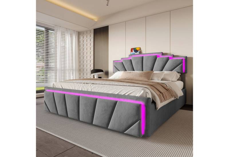 Celya Polsterbett Doppelbett mit einzigartigem trapezförmigem Kopfteil (USB Type-C Anschluss, 2 geräumige Schubladen, integrierter LED-Lichtleiste & 2-facher Höhenverstellung), Modernes Polsterbett 160x200CM Elegantes Design von Celya