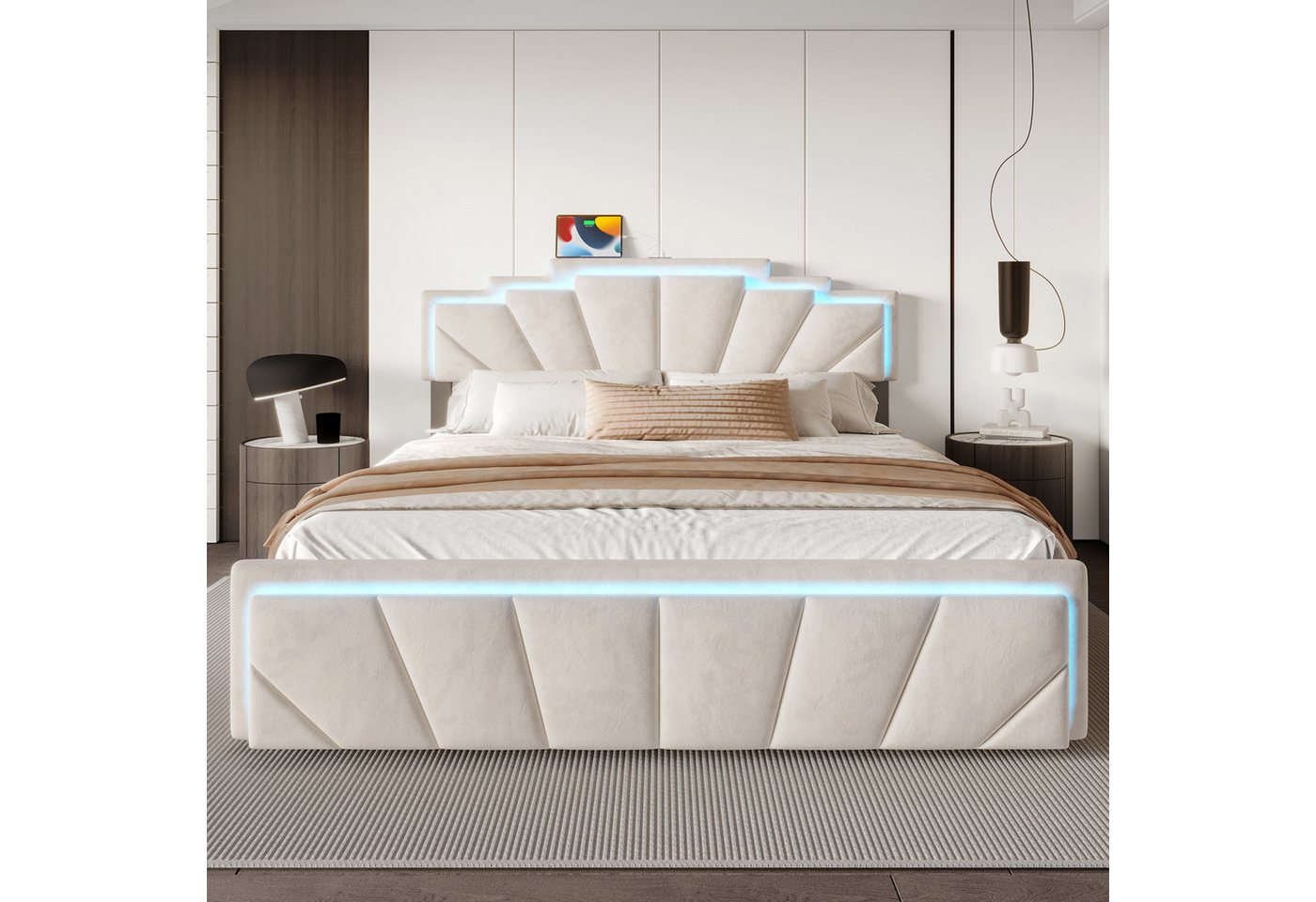 Celya Polsterbett Doppelbett mit einzigartigem trapezförmigem Kopfteil (USB Type-C Anschluss, 2 geräumige Schubladen, integrierter LED-Lichtleiste & 2-facher Höhenverstellung), Modernes Polsterbett 160x200CM Elegantes Design von Celya