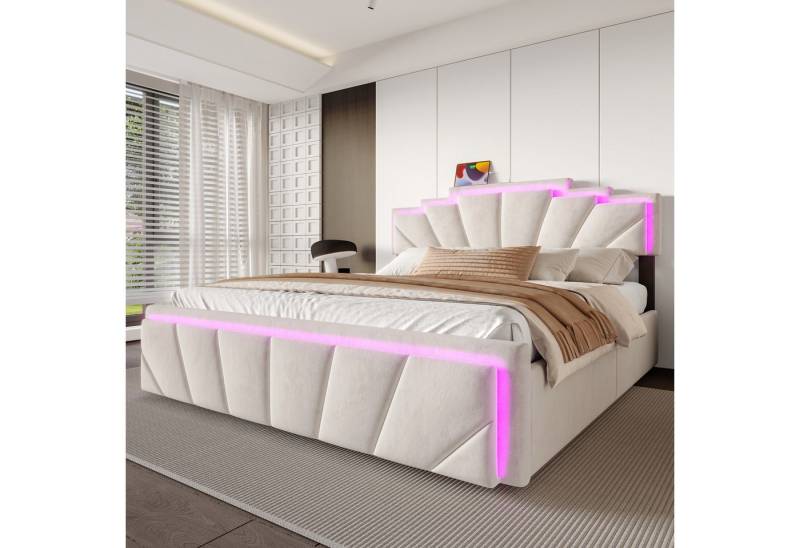 Celya Polsterbett Doppelbett mit einzigartigem trapezförmigem Kopfteil (USB Type-C Anschluss, 2 geräumige Schubladen, integrierter LED-Lichtleiste & 2-facher Höhenverstellung), Modernes Polsterbett 140x200CM Elegantes Design von Celya