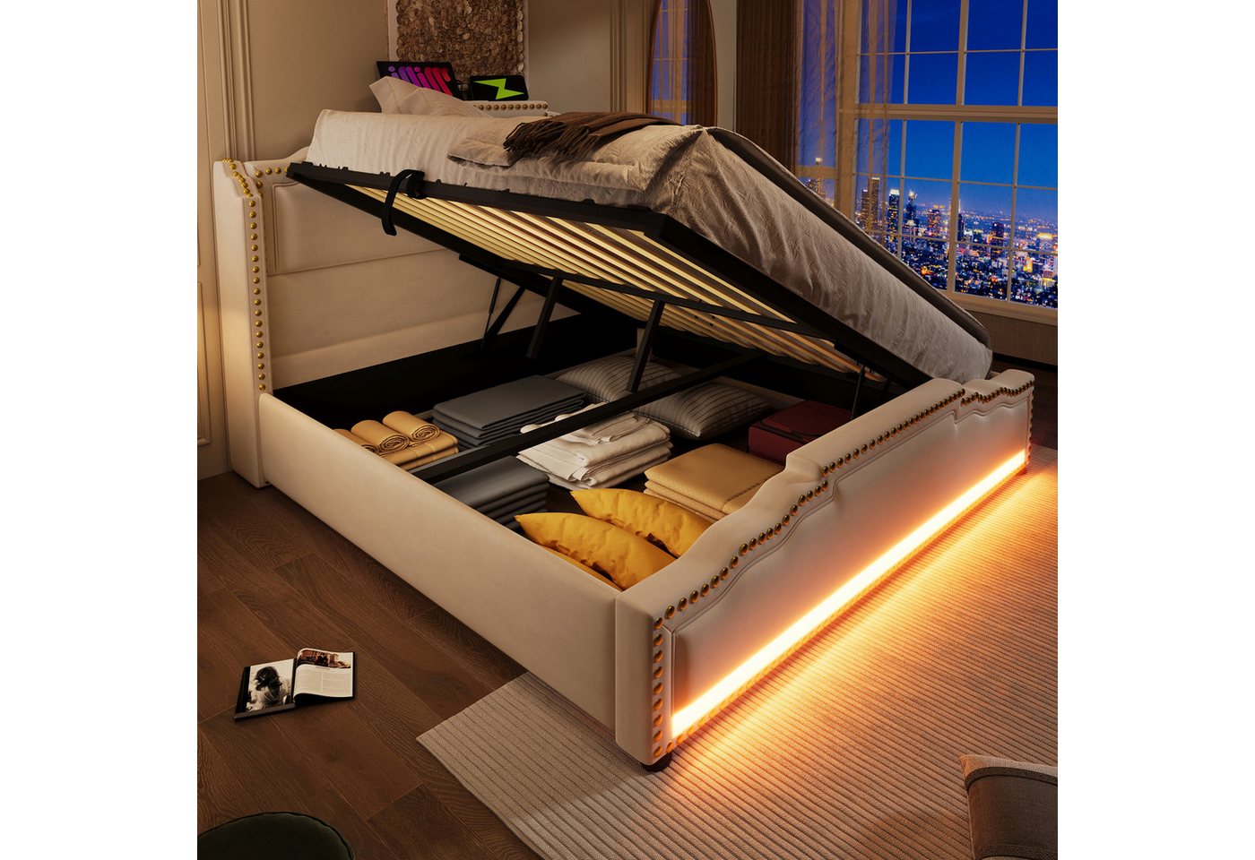 Celya Polsterbett Doppelbett mit hydraulischem Stauraum (160x200cm, ohne Matratze, tauraumbett und Jugendbett mit Lattenrost, Samt), LED-Beleuchtung und USB-C-Ladeanschluss von Celya