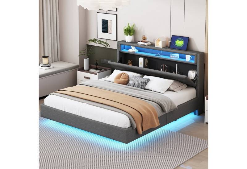 Celya Polsterbett Doppelflachbett 160x200 cm mit USB-Steckdose und LED-Licht (ugendbett, Erwachsenenbett, Leinenstoff), wendbares Kopfteil, verdecktes Fußteil von Celya