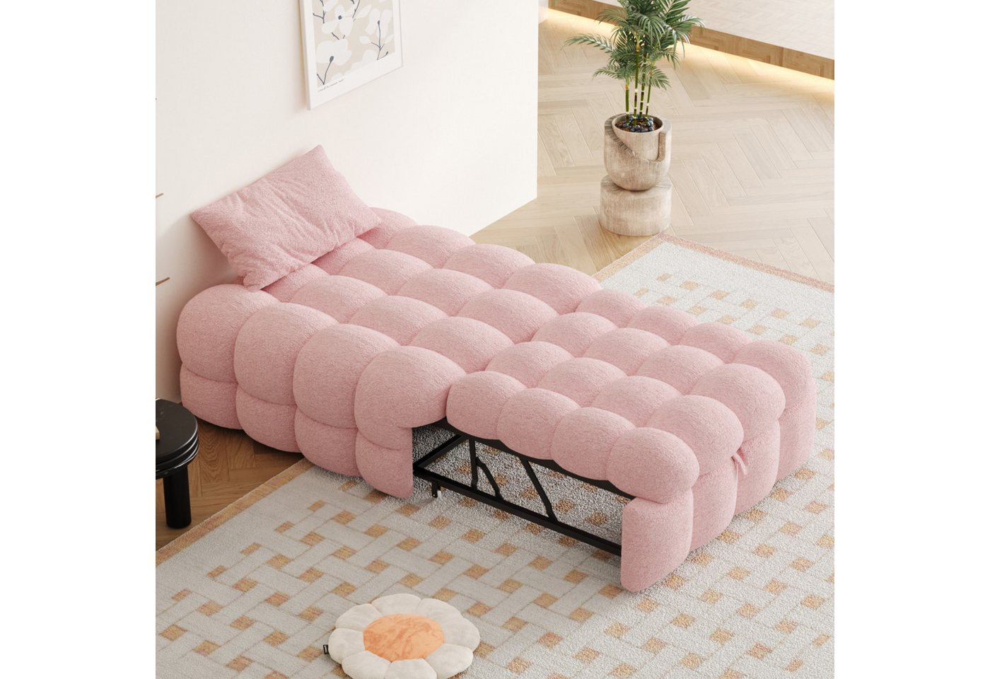 Celya Polsterbett Einzelbett, 2-in-1-Fußhocker, Ausziehbares Schlafsofa (Ohne Matratze), Polsterbett, Puffy-Bett,Teddy-Stoff von Celya