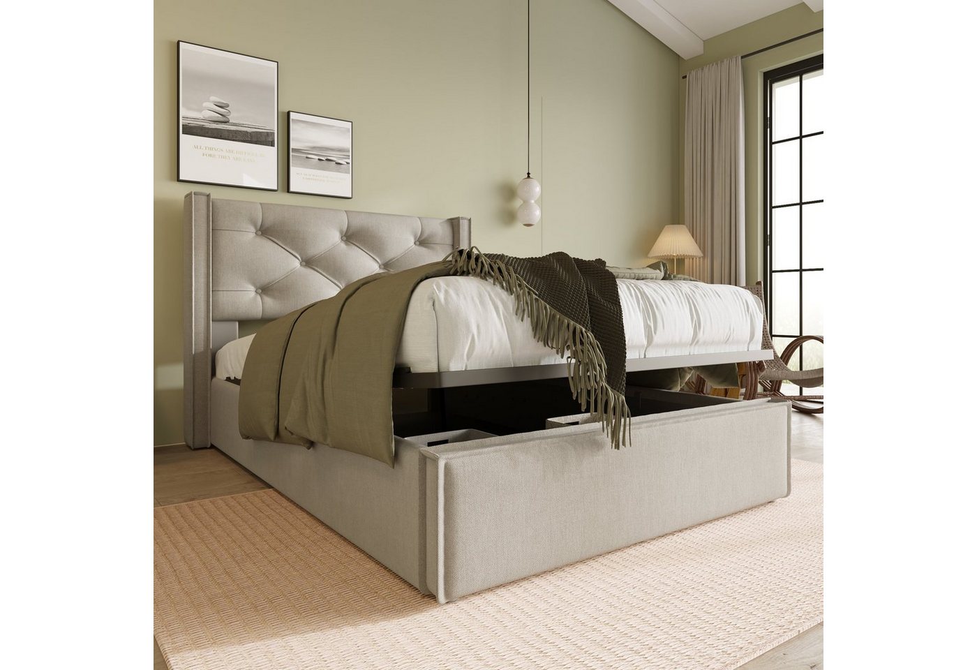 Celya Polsterbett Einzelbett 90x200cm Bettgestell mit Stauraum, Bett mit Lattenrost aus Metallrahmen, Baumwolle von Celya