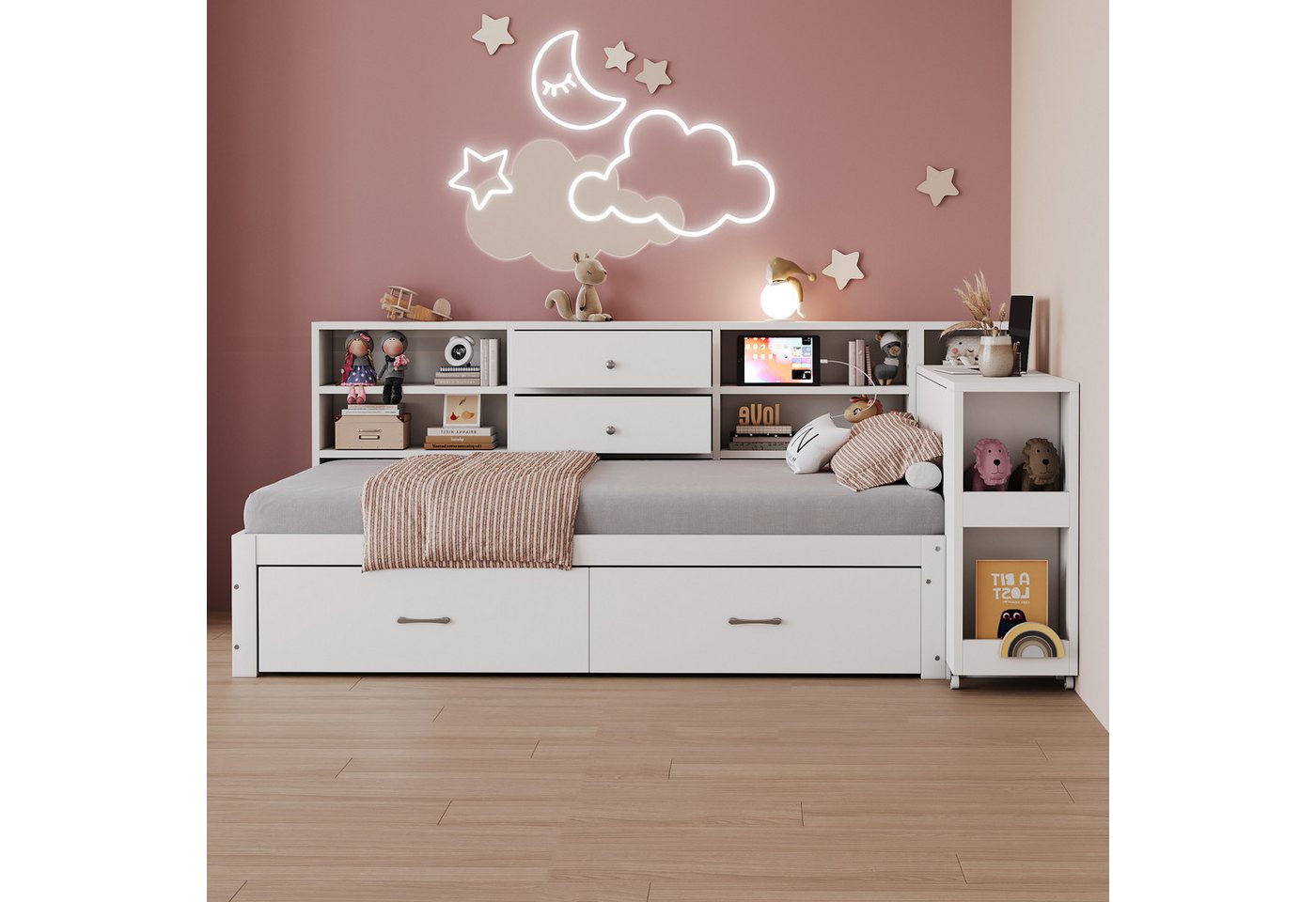 Celya Polsterbett Holzschlafsofa 90 x 200 cm, multifunktionaler Stauraum (Einzelbett, Jugendbett, Holzbett, weiß, Multifunktionssteckdose, ausziehbarer Schreibtisch), verdeckte Staufächer und Regale, 2 große Schubladen von Celya