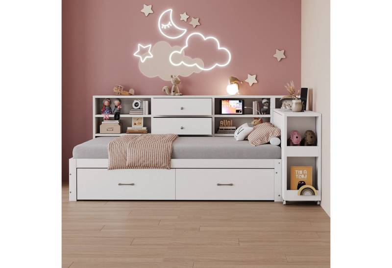Celya Polsterbett Holzschlafsofa 90 x 200 cm, multifunktionaler Stauraum (Einzelbett, Jugendbett, Holzbett, weiß, Multifunktionssteckdose, ausziehbarer Schreibtisch), verdeckte Staufächer und Regale, 2 große Schubladen von Celya