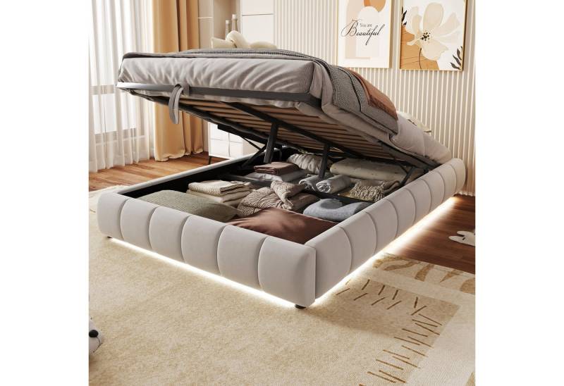 Celya Polsterbett Hydraulischer Schwebebettrahmen mit Stauraum (Ohne Matratze, Einzelbett, Jugendbett, Beige), 140 x 200 cm, ohne Kopfteil, mit LED-Lichtleiste (einfarbig) von Celya