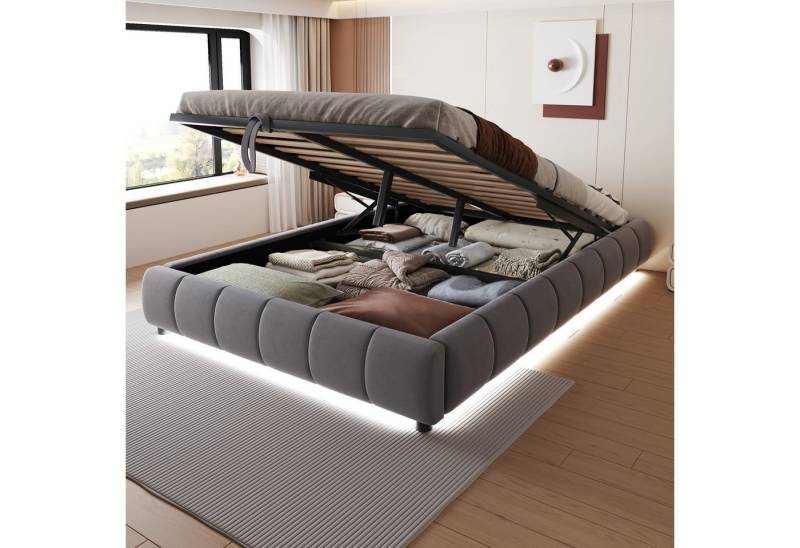 Celya Polsterbett Hydraulischer Schwebebettrahmen mit Stauraum (Ohne Matratze, Einzelbett, Jugendbett, Grau), 140 x 200 cm, ohne Kopfteil, mit LED-Lichtleiste (einfarbig) von Celya