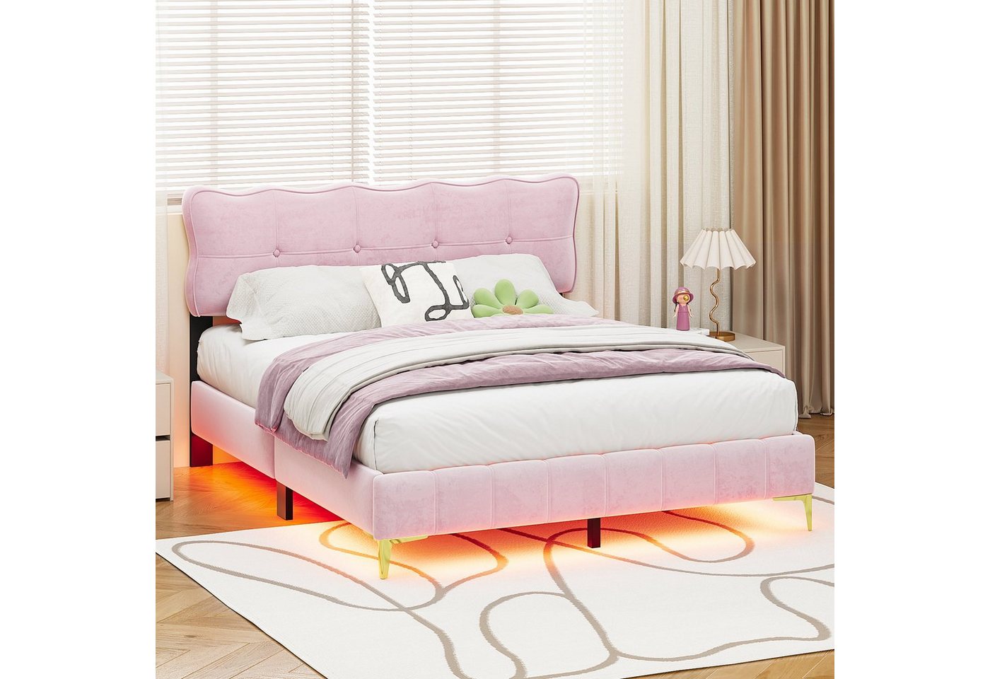 Celya Polsterbett Jugendbett, Doppelbett mit LED-Leuchten, Samtstoff, 160 x 200 cm von Celya