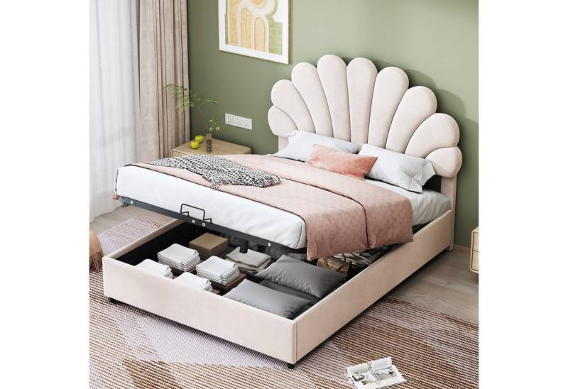 Celya Polsterbett Kinderbett, Bettrahmen mit geblümtem Kopfteil (Ohne Matratze, Mädchenbett-Gästebett aus hautfreundlichem Samtstoff), mit 2 Ablagefächern und Lattenrost von Celya