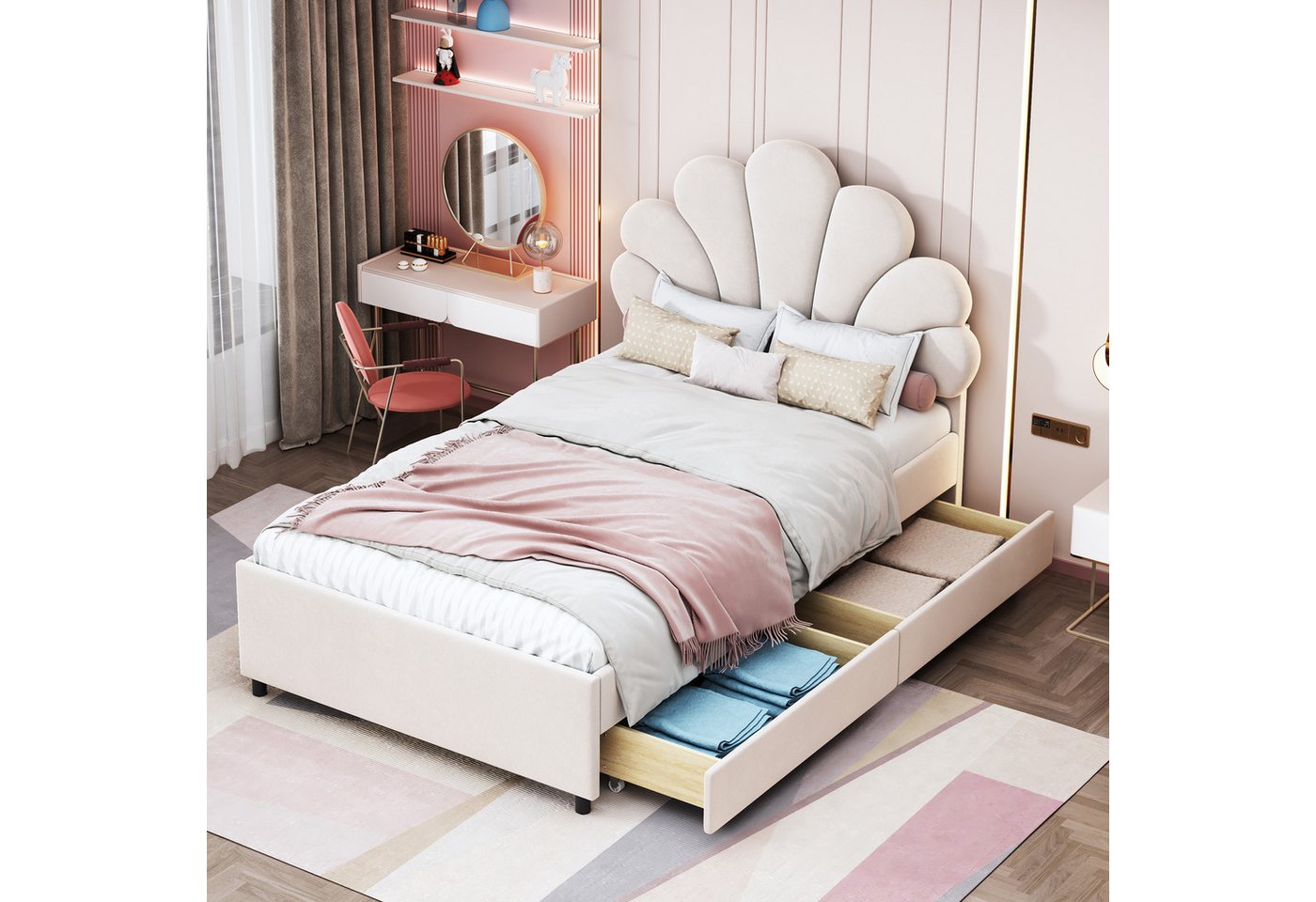 Celya Polsterbett Kinderbett, Bettrahmen mit geblümtem Kopfteil (Mädchenbett-Gästebett aus hautfreundlichem Samtstoff), mit 2 Ablagefächern und Lattenrost von Celya