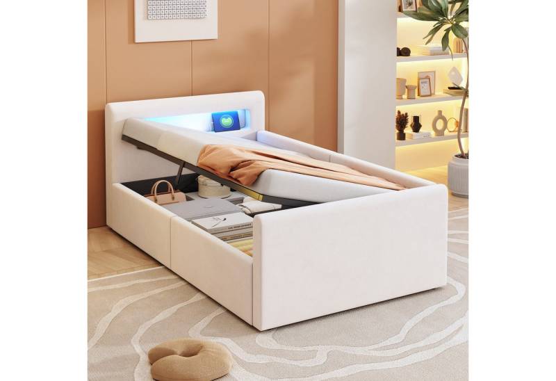 Celya Polsterbett Kinderbett, Mit LED-Licht, Mit Nachtlicht und USB-Ladeanschluss (Ohne Matratze, Jungen- und Mädchenbetten, Samtstoff), 90*200 cm, Mit Regal, Mit Hydraulischem Stauraum, Einfaches Einzelbett von Celya