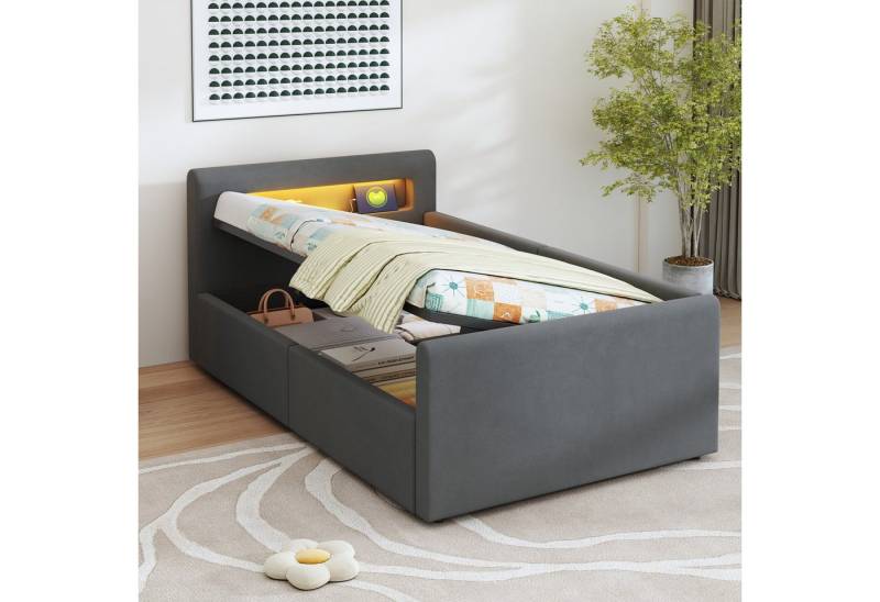 Celya Polsterbett Kinderbett, Mit LED-Licht, Mit Nachtlicht und USB-Ladeanschluss (Ohne Matratze, Jungen- und Mädchenbetten, Samtstoff), 90*200 cm, Mit Regal, Mit Hydraulischem Stauraum, Einfaches Einzelbett von Celya