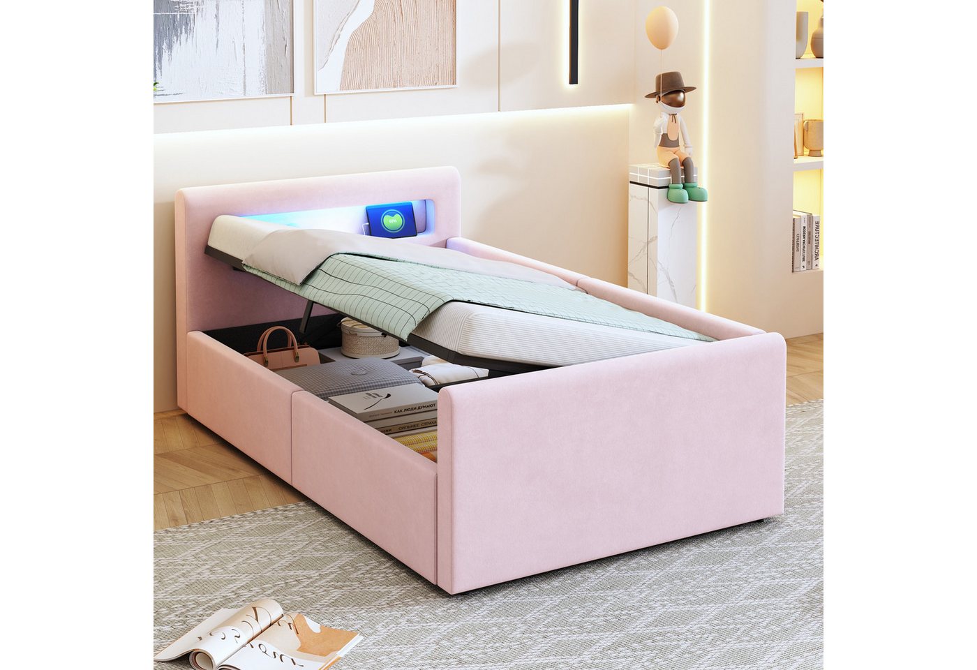 Celya Polsterbett Kinderbett, Mit LED-Licht, Mit Nachtlicht und USB-Ladeanschluss (Ohne Matratze, Jungen- und Mädchenbetten, Samtstoff), 90*200 cm, Mit Regal, Mit Hydraulischem Stauraum, Einfaches Einzelbett von Celya