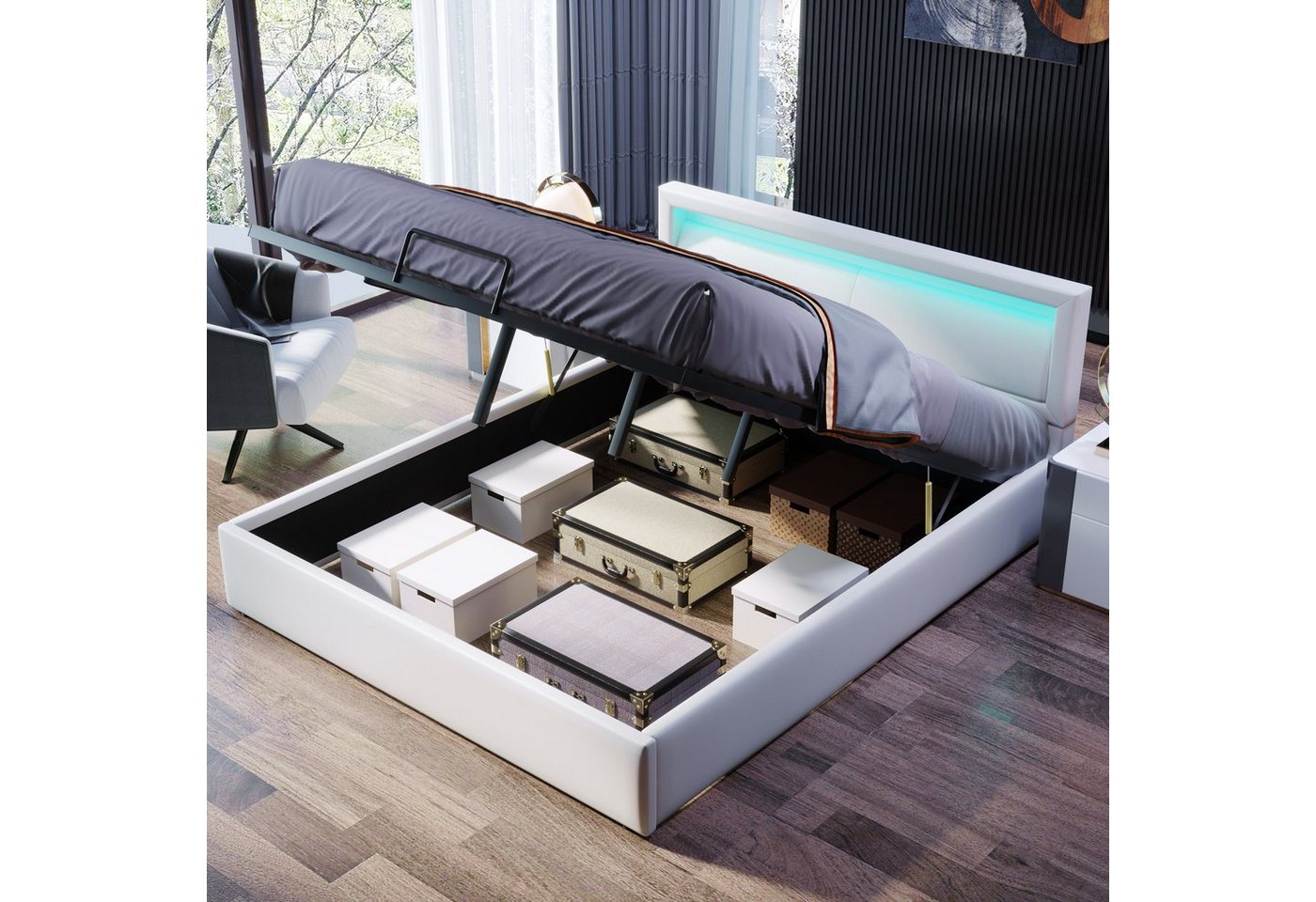 Celya Polsterbett LED-Bett Einzelbett Bettgestell Jugendbett 140x200cm, mit Lattenrost und Stauraum von Celya