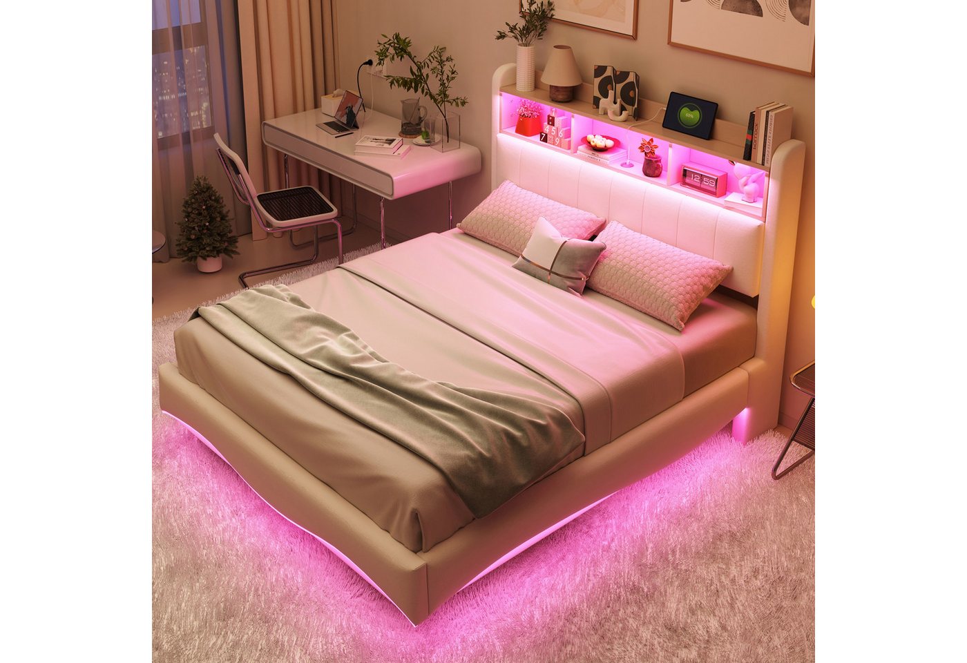 Celya Polsterbett Multifunktionales Stauraumbett mit LED-Licht, Abgehängtes Design (Ohne Matratze, USB- und TYPE-C-Schnittstelle), 140*200 aus Leinenstoff von Celya