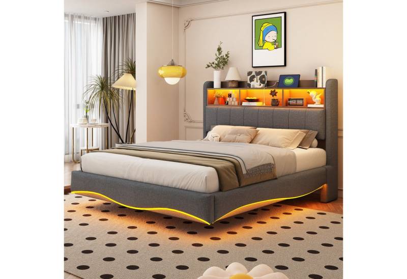 Celya Polsterbett Multifunktionales Stauraumbett mit LED-Licht, Abgehängtes Design (Ohne Matratze, USB- und TYPE-C-Schnittstelle), 140*200 aus Leinenstoff von Celya