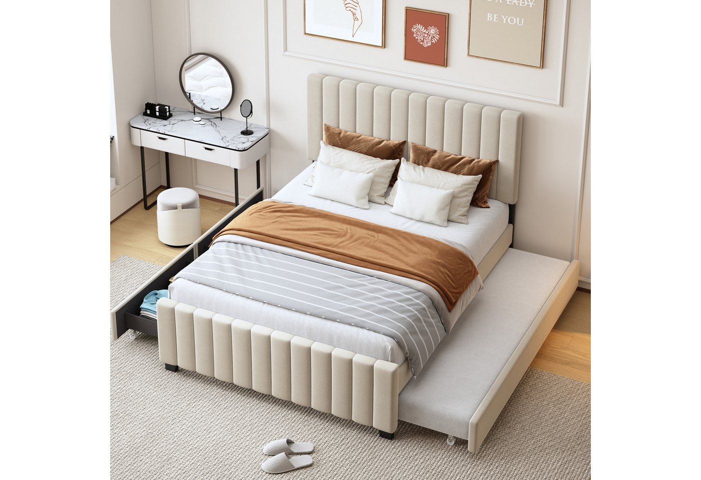 Celya Polsterbett Polsterbett 140 x 190 cm mit Ausziehbett,mit zwei Schubladen (Jugendbett Gästebett, Beige (ohne Matratze), flaches Doppelbett in hautfreundlichem Samtstoff Kinderbett von Celya