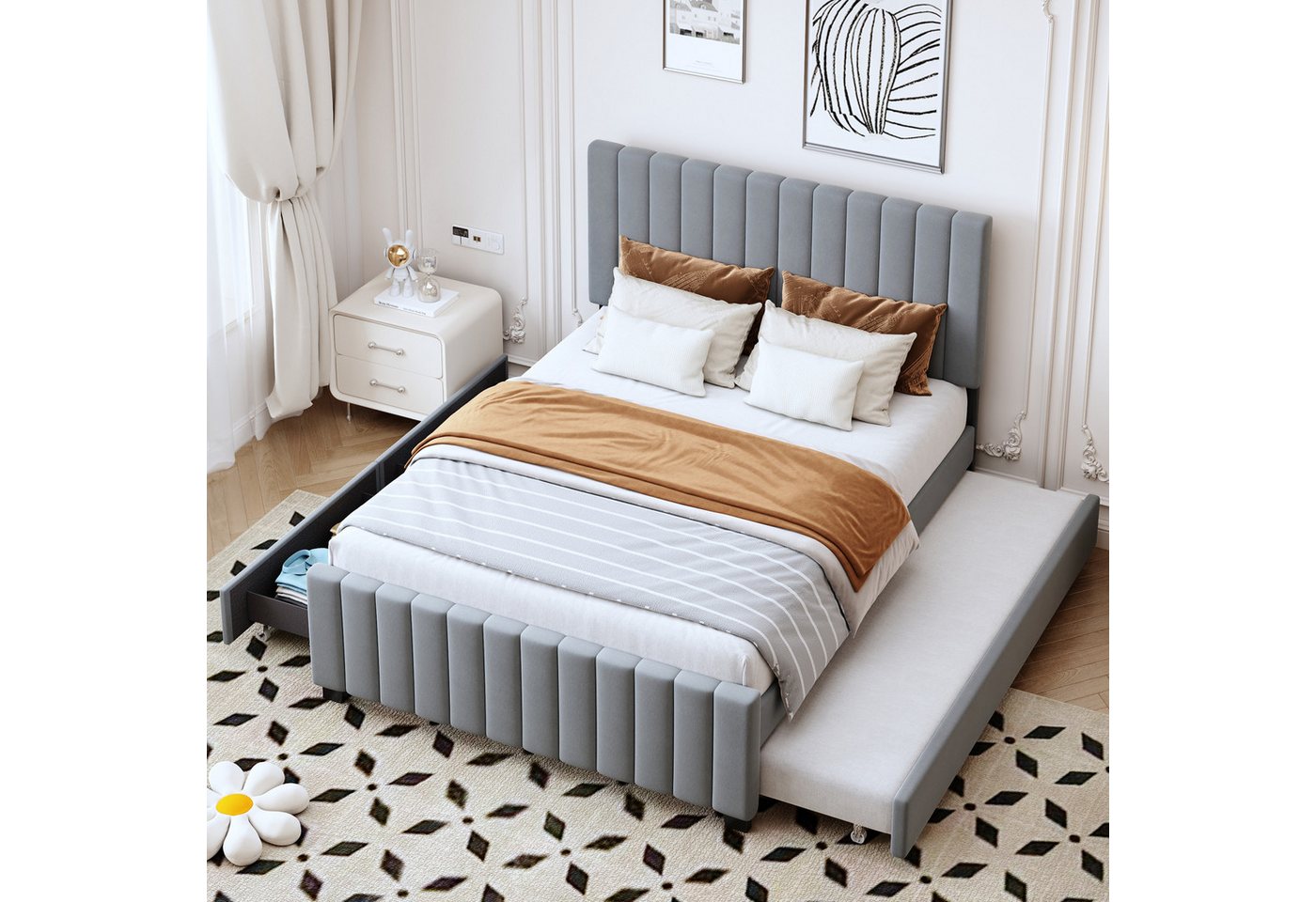 Celya Polsterbett Polsterbett 140 x 190 cm mit Ausziehbett,mit zwei Schubladen (Jugendbett Gästebett, Grau (ohne Matratze), flaches Doppelbett in hautfreundlichem Samtstoff Kinderbett von Celya