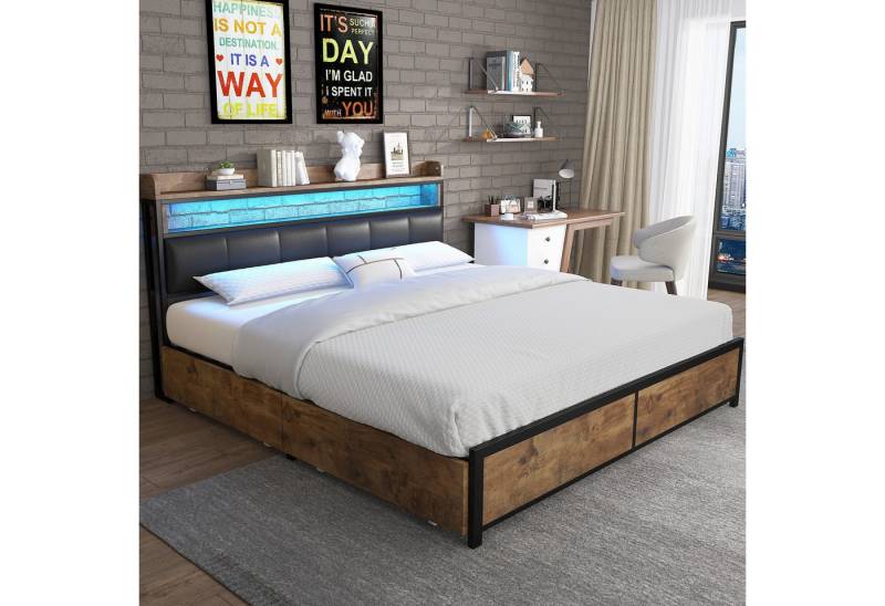 Celya Polsterbett Polsterbett 140×200cm, LED-Bett, Jugendbett, mit 2 Schubladen, Aufbewahrungsfunktion,Ausreichender Stauraum,LED Kopfteil,Doppelbett von Celya