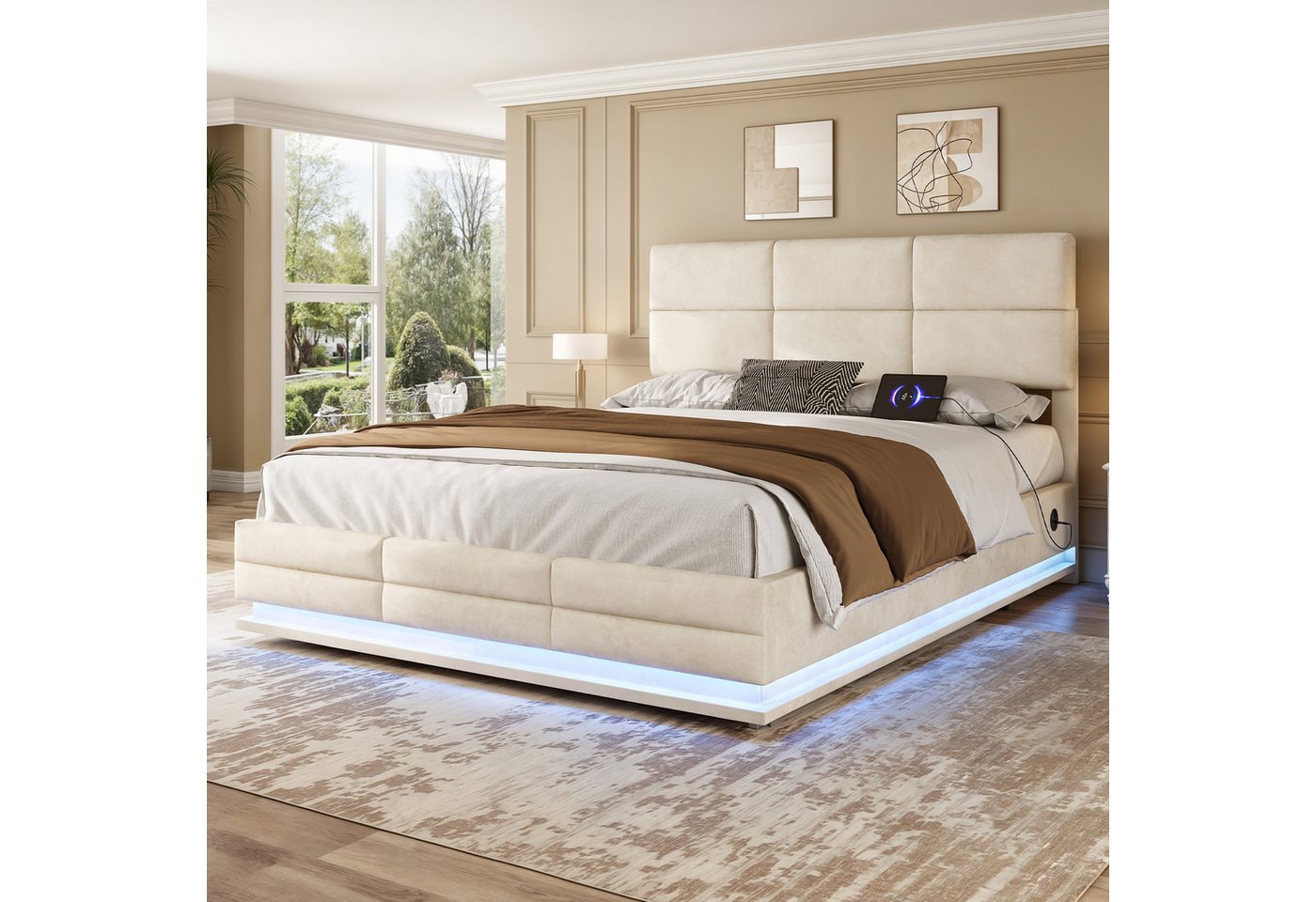 Celya Polsterbett Polsterbett Doppelbett mit USB Type C Ladefunktion und LED Beleuchtung (Jugendbett mit Lattenrost, Beige, Hydrauliksystem Stauraum Bettgestell aus Samtmaterial), 160 x 200 cm Bettgestell aus weichem Samt von Celya