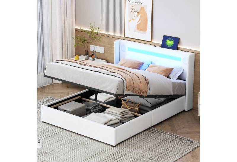 Celya Polsterbett Polsterbett mit LED-Lichtleiste, Bluetooth-Player und USB-Aufladung (Ohne Matratze, Stauraumbett aus PU-Leder, Hochbettkasten), Doppelbett mit Lattenrost von Celya