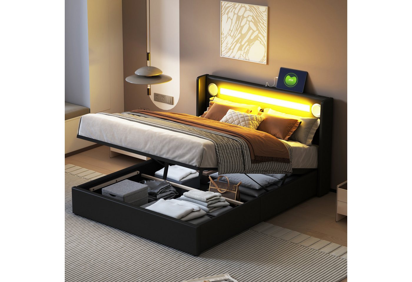 Celya Polsterbett Polsterbett mit LED-Lichtleiste, Bluetooth-Player und USB-Aufladung (140x200cm, Stauraumbett aus PU-Leder, Hochbettkasten), Doppelbett mit Lattenrost von Celya
