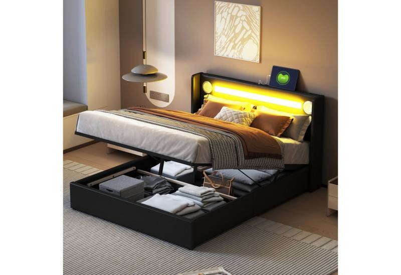 Celya Polsterbett Polsterbett mit LED-Lichtleiste, Bluetooth-Player und USB-Aufladung (140x200cm, Stauraumbett aus PU-Leder, Hochbettkasten), Doppelbett mit Lattenrost von Celya