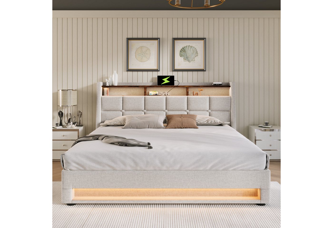 Celya Polsterbett Polsterbett mit USB, mit Lattenrost aus Metallrahmen (140x200cm, Ohne Matratze), Bettgestell aus Leinenmaterial Jugendbett von Celya