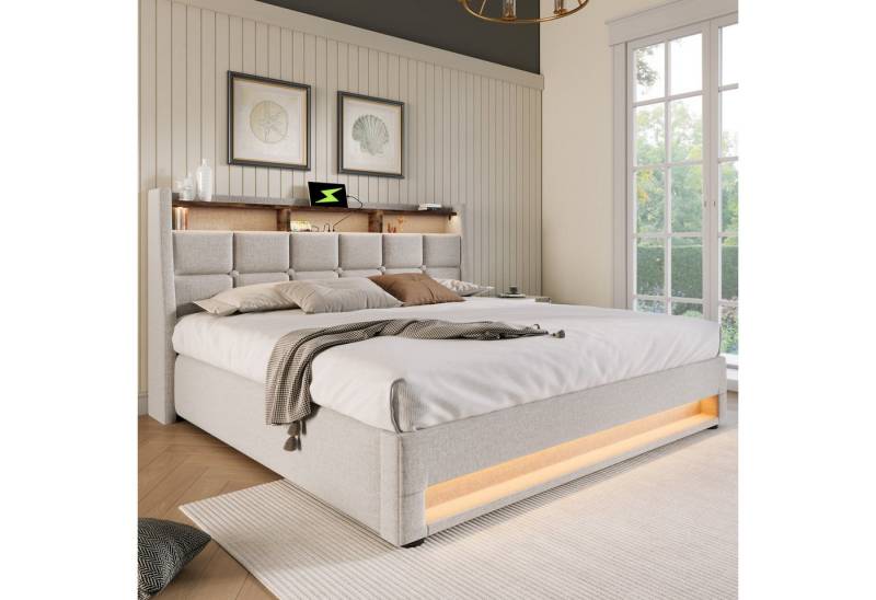 Celya Polsterbett Polsterbett mit USB, mit Lattenrost aus Metallrahmen (180x200cm, Ohne Matratze), Bettgestell aus Leinenmaterial Jugendbett von Celya