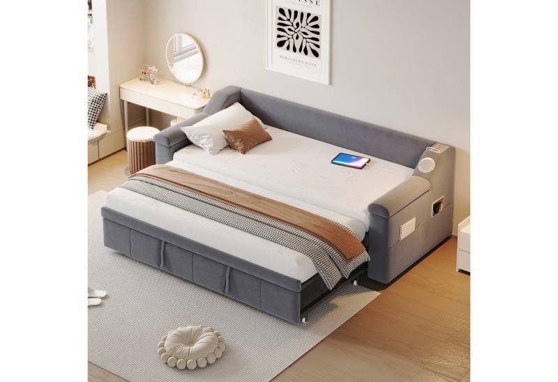 Celya Polsterbett Schlafsofa Armlehnen Breiter und Dicker (Mit Ablagefächern, Mit Lattenrost, Samtstoff, Ohne Matratze, Mit Smart Bluetooth-Stereoanlage Mit USB-Ladeanschluss), Schlafsofa, 90/180*190 cm von Celya