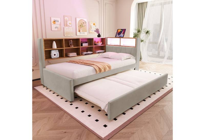Celya Schlafsofa Daybett 90*200cm, Ausziehbett 90*190cm, ausgestattet mit LED Leuchten, Steckdosen und vielen Ablagefächern, Polsterbett von Celya
