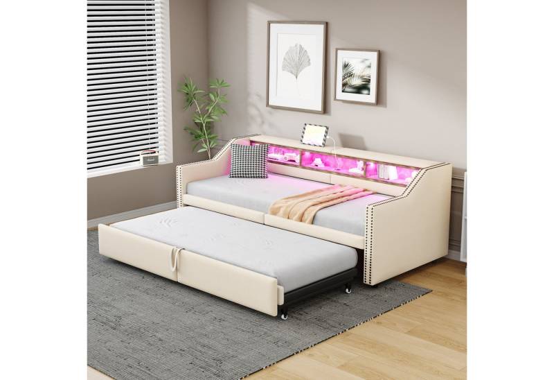 Celya Schlafsofa Polsterbett Ausziehbares 90/180 x 200 cm, Multifunktionales Staufach, LED-Licht und USB-Buchse, mit Lattenrost von Celya