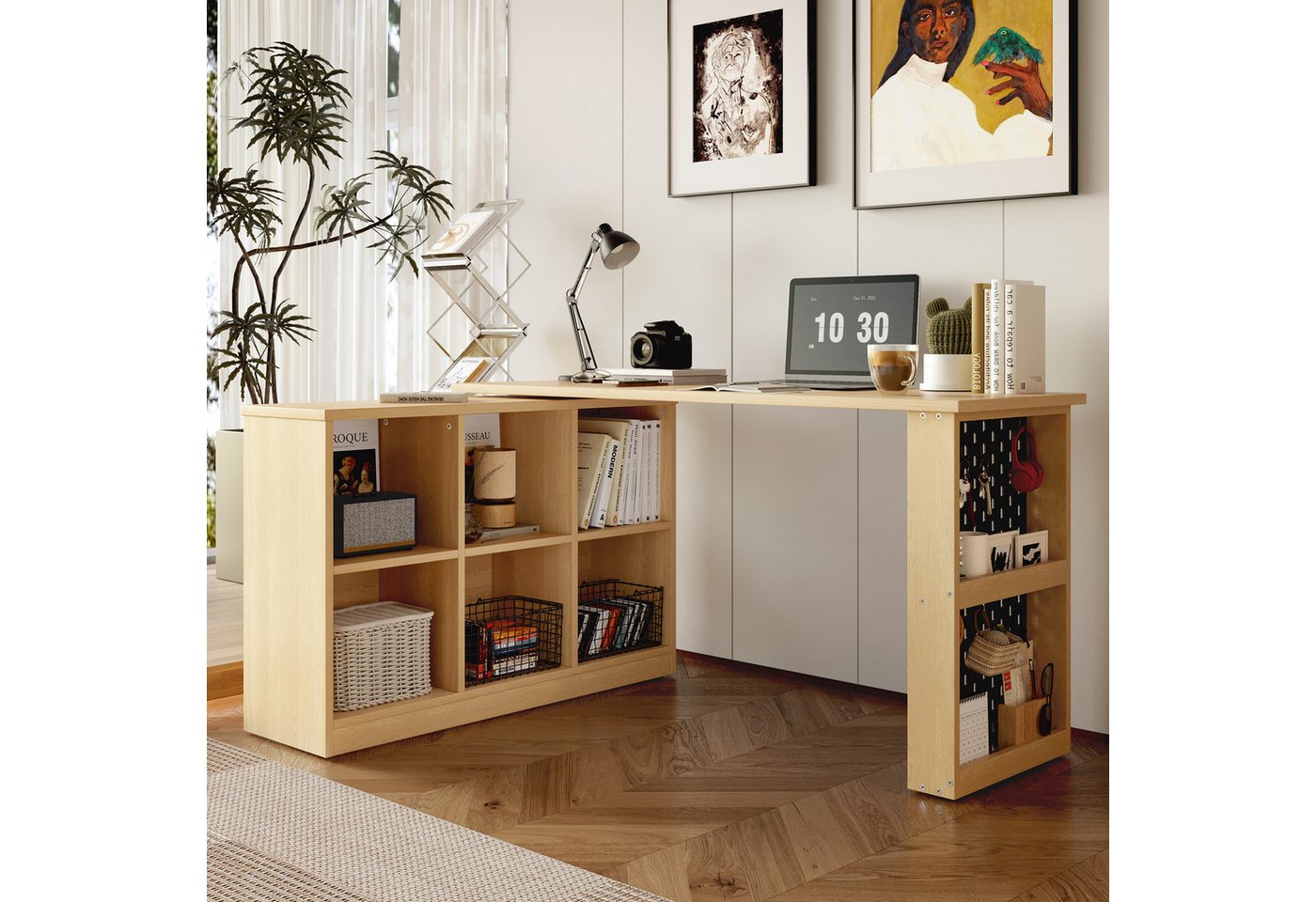 Celya Schreibtisch 140 x 104 x 75cm Multifunktionaler Bürotisch, Sechsfach-Lagerschrank (super belastbar, veränderbare Form, Natürlich), Ablage, breite und dicke Schreibtischplatte, Lochplatte von Celya