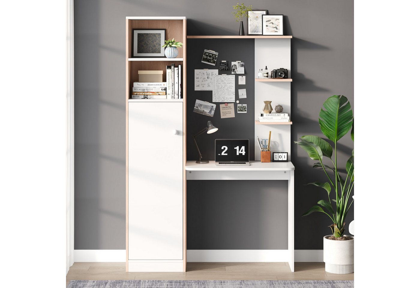 Celya Schreibtisch Arbeitstisch, Schreibtisch mit Aufbewahrung, Weiß mit Stabholzkontrast (Büro-Design, 123,5x45x168,5 cm), unterer Schrank mit Türen und oberes offenes Regal von Celya