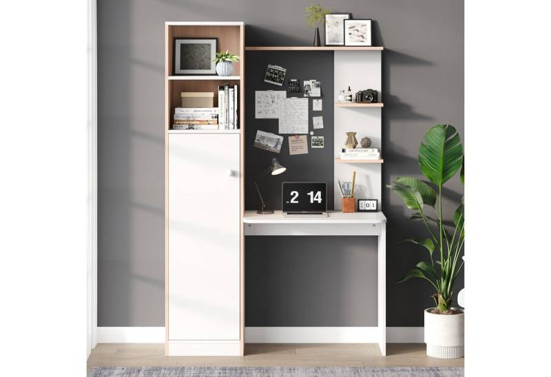 Celya Schreibtisch Arbeitstisch, Schreibtisch mit Aufbewahrung, Weiß mit Stabholzkontrast (Büro-Design, 123,5x45x168,5 cm), unterer Schrank mit Türen und oberes offenes Regal von Celya
