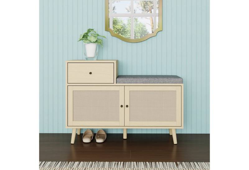 Celya Schuhschrank Schuhbank im Boho-Stil in Naturholzoptik (Maße(90*35*65cm), ideal für Flur, Eingangsbereich oder Korridor) mit Rattangeflecht-Doppeltüren, Schublade und gepolsterter Sitzfläche von Celya