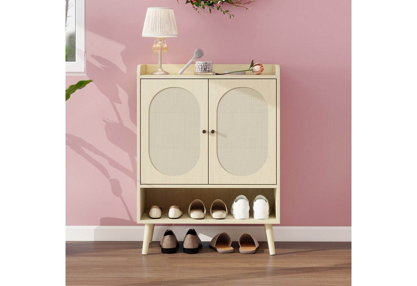 Celya Schuhschrank Schuhregal mit Doppeltüren in Naturholzoptik, Rattangeflecht Design (Maße:68*35*90cm, ideal für Flur, Eingangsbereich oder Korridor) mit Ablagefläche und offener Zwischenablage von Celya
