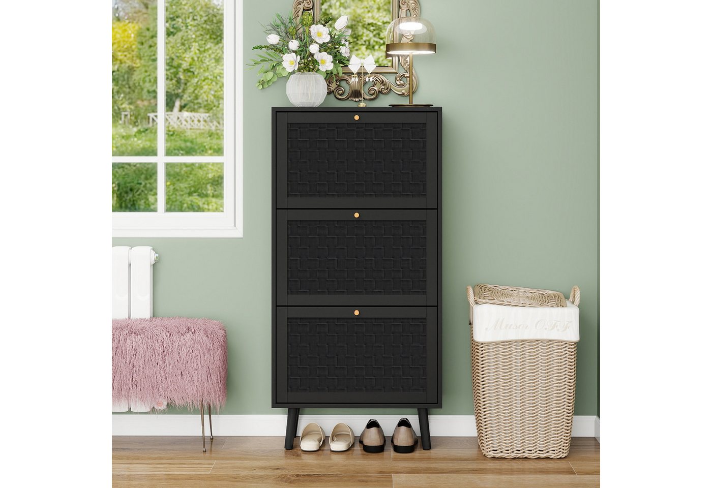 Celya Schuhschrank Schuhschrank(60x24x121cm), dreistufiger Schuhschrank (Geeignet für Eingangsbereiche, Flure und ähnliche Räume, Höhe 121 cm, Schwarz) mit verschlungenem Streifendesign im Bohemian-Stil von Celya