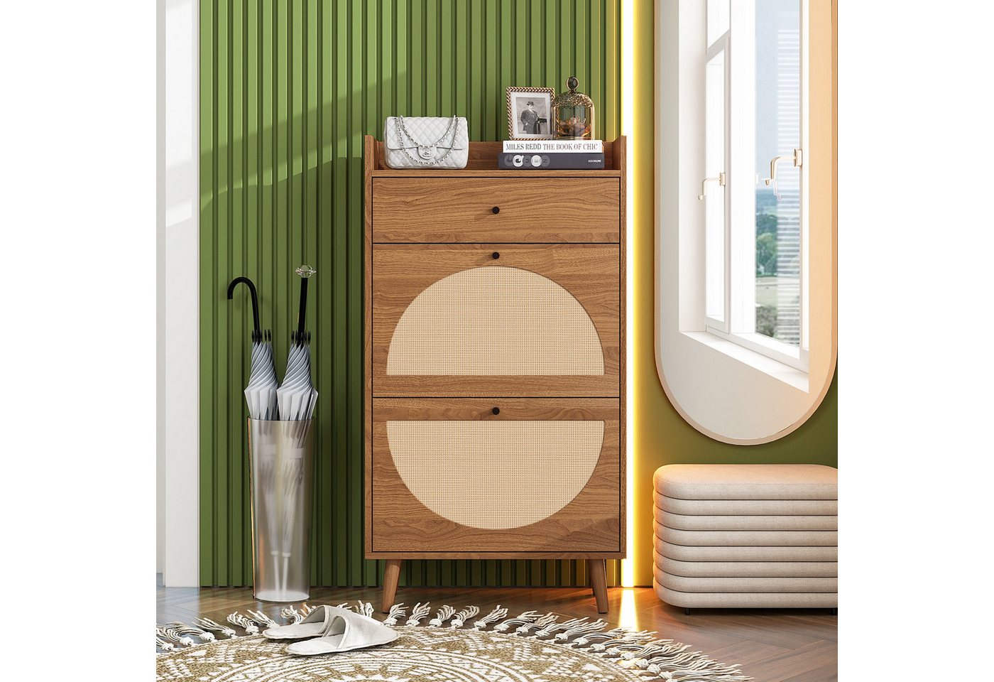 Celya Schuhschrank Schuhschrank mit zwei Türen und einer Schublade (Länge 60 cm, ohne Rückwand, Walnussholzfarbe, geeignet für Flure und ähnliche Bereiche) Rattan-Optik, austauschbare halbrunde Türen, doppeltes Regal von Celya