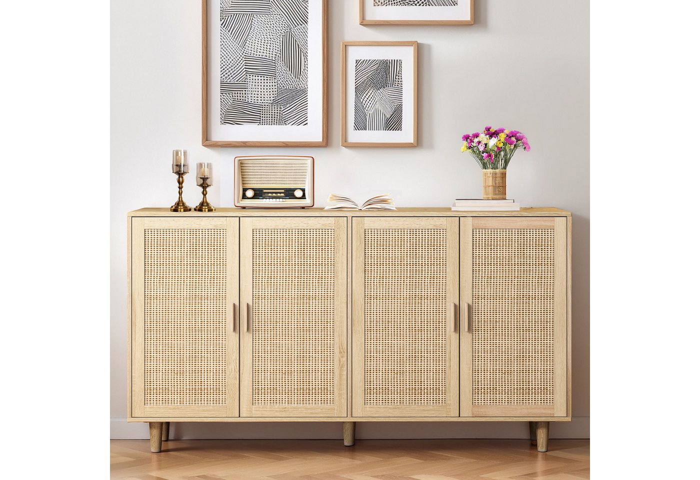 Celya Sideboard 158CM Sideboard Schlafzimmer, Rattanschrank, Aufbewahrungsschrank (Einfache Montage, Natürlich), Eleganter und funktioneller 4-türiger Rattan Schrank für Schlafzimmer von Celya