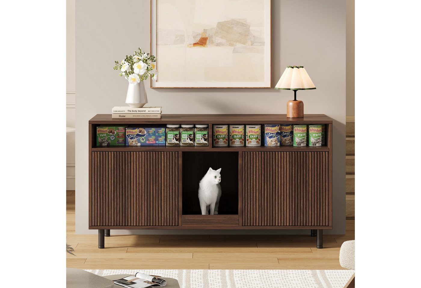 Celya Sideboard Katzentoiletten-Schrank/Katzenstreuwanne-Schrank mit Sandauffangmatte (ohne Katzenstreuwanne, 120x50x66cm, Nussbaumfarbe), Haustier-Schrank mit Ablage, Haustier-Sideboard/TV-Schrank von Celya