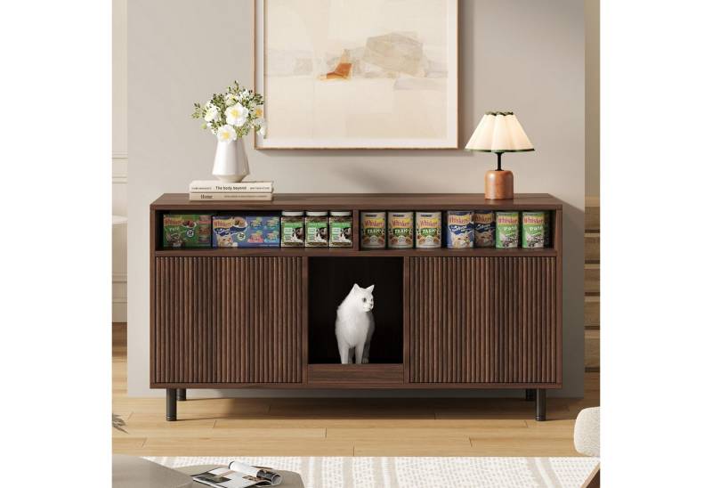 Celya Sideboard Katzentoiletten-Schrank/Katzenstreuwanne-Schrank mit Sandauffangmatte (ohne Katzenstreuwanne, 120x50x66cm, Nussbaumfarbe), Haustier-Schrank mit Ablage, Haustier-Sideboard/TV-Schrank von Celya