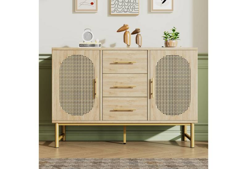 Celya Sideboard Rattan kommode Sideboard mit 3-Schubladen und 2-Rattan-Türer (Kippschutz, 120 x 40 x 74 cm, Sonoma Eiche), komodenschrank, Schminktisch, Verstellbare Regale von Celya